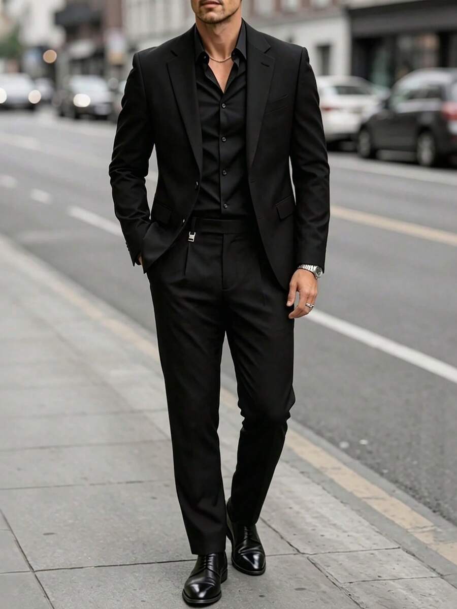 Manfinity Mode 男士修身西裝套裝,優雅黑色正式兩件式西裝外套與長褲,適用於晚餐、秋季商務、婚禮、老錢風經典深色西裝、典禮 - 黑色 - 查看 1