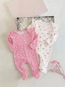 SHEIN 新生兒女嬰粉色與白色蝴蝶結愛心卡通印花連身衣套裝，附髮帶，柔軟舒適睡衣新生兒禮品套裝，女嬰連身衣結飾野花嬰兒服裝新生兒連身衣 - 粉色 - 查看 3