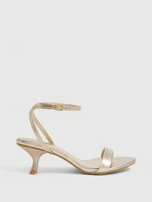 CUCCOO SZL Giày sandal nữ cao gót mũi nhọn gót mảnh, quai mảnh phối ghép, bề mặt kim loại, phong cách đa năng, gót trơn, mẫu mới xuân hè, đi hằng ngày - Kim loại màu vàng nhạt - Xem 2