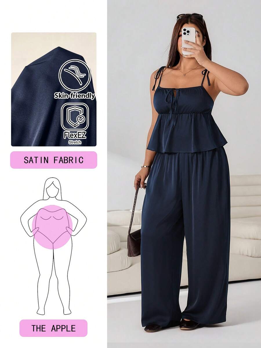 Solflare Plus Size Women Solid Color Pleated Cami Top And Long Pants Casual Daily 2-Piece Set - Blue - View 1