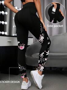 SHEIN Sports Leggings de sport à imprimé floral avec poche latérale pour téléphone, pantalon de yoga pour femmes - Multicolore - Voir 3