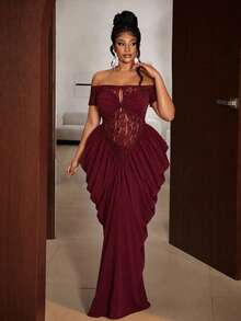 Maweii Plus Size Burgundy Off Shoulder Lace Dress With Hollow Bow Design And Pleated Gown - Red - View 4