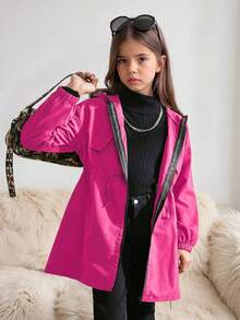 SHEIN 女童青少年女孩休閒字母裝飾寬鬆文字印花連帽口袋中長版派克大衣 J 開學季秋冬款 - 玫紅色 - 查看 3