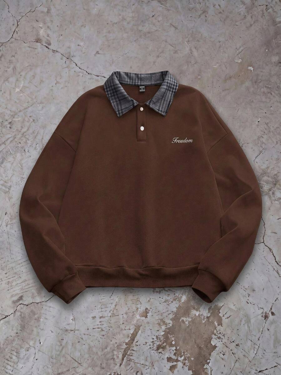 ESTAVOR Men's Standard Size Black Pullover Pullover Sweatshirt With Embroidered Collar, Casual For Spring & Autumn - Brown - View 1