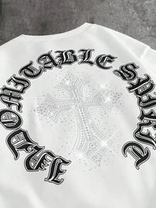 AXEPEAK 男士夏季休閒寬鬆短袖T恤 白色水印水鑽手工標籤 - 白色 - 查看 4