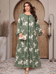 Al Najma Plus Size Women's Green Floral Print Arabian Dress - Multicolor - View 9