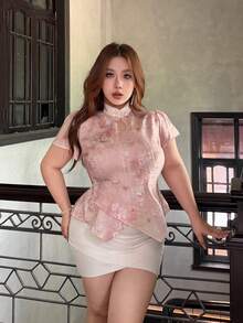 Vibekara Plus Size Elegant Floral Print Cheongsam Shirt - Pink - View 6