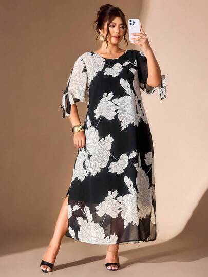 Cravure Plus Size Women's Chiffon Printed Long Mid-Sleeve Round Neck Faux Two-Piece Dress