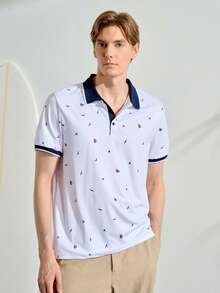 VeloEdit Men Allover Print Contrast Trim Half Button Collar Graphic Tropical Funny Polo Formal Shirt, For Golf, Ceremony - White - View 5