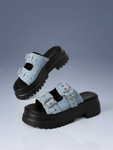 CUCCOO GRLICON Women's Wedge Heel Platform Sandals, Locomotive Style Wear, Cool Girl Wear, Suitable For Spring And Summer, Vacation Wear, A Must For Travel, 2000's S - denim light blue - View 3