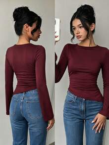 Teen Girl Solid Color Bell Sleeve Asymmetric Hem Ruched T-Shirt - Burgundy - View 3