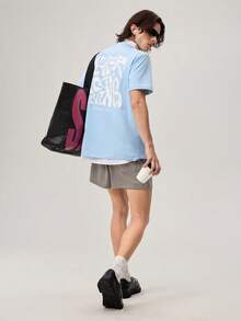 Round Neck Solid Color Summer Knit Printed Short Sleeve Tee, Streetwear Inspired, Couple Things - Blue - View 2