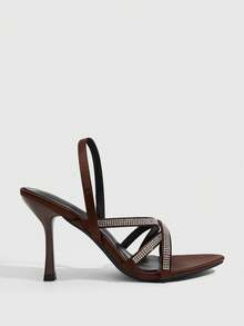 CUCCOO SZL Dark Brown Satin Cross Rhinestone Thin Strap High-Heeled Sandals, Women's Light Luxury Rear Strap Open-Toed High Heels - Brown - View 2