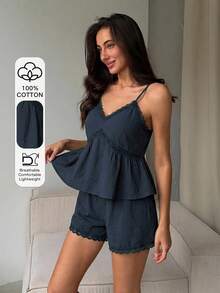 DAZY 2pcs Lace Patchwork Sleeveless Camisole & Short Pajama Pants Set, Summer Women's Sleepwear - Navy Blue - View 4