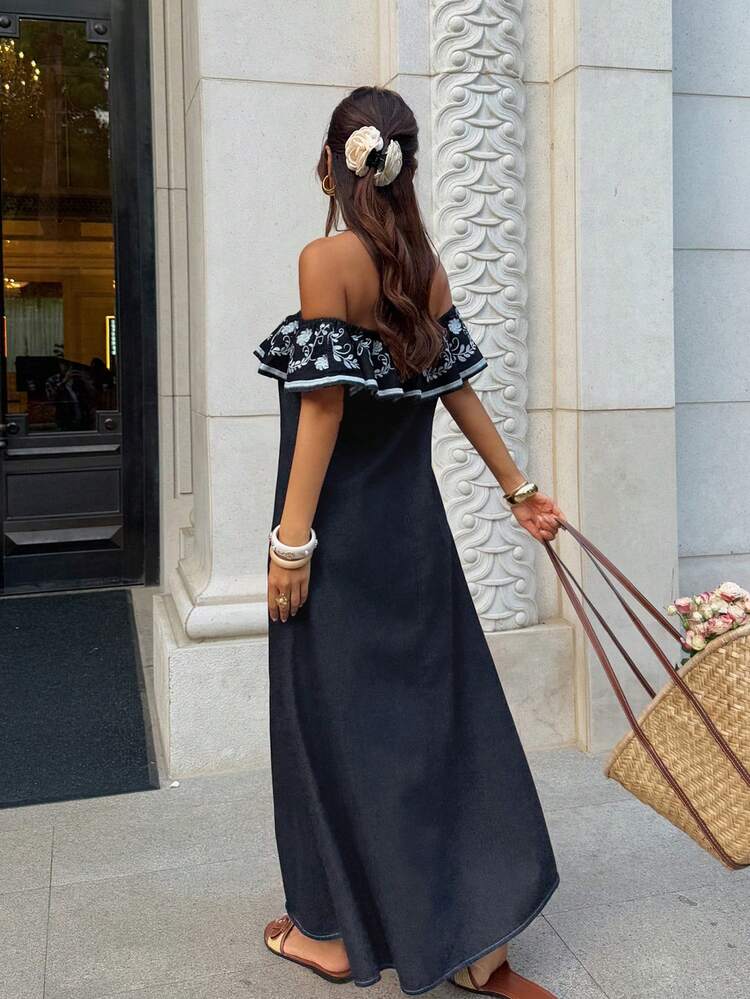 DAZY Women's Autumn Embroidered Square Neck Ruffle Hem Long Denim Dress Vacation Vacation Beach Picnic Vacation Dark Blue Tropical European Boho - Blue - View 2