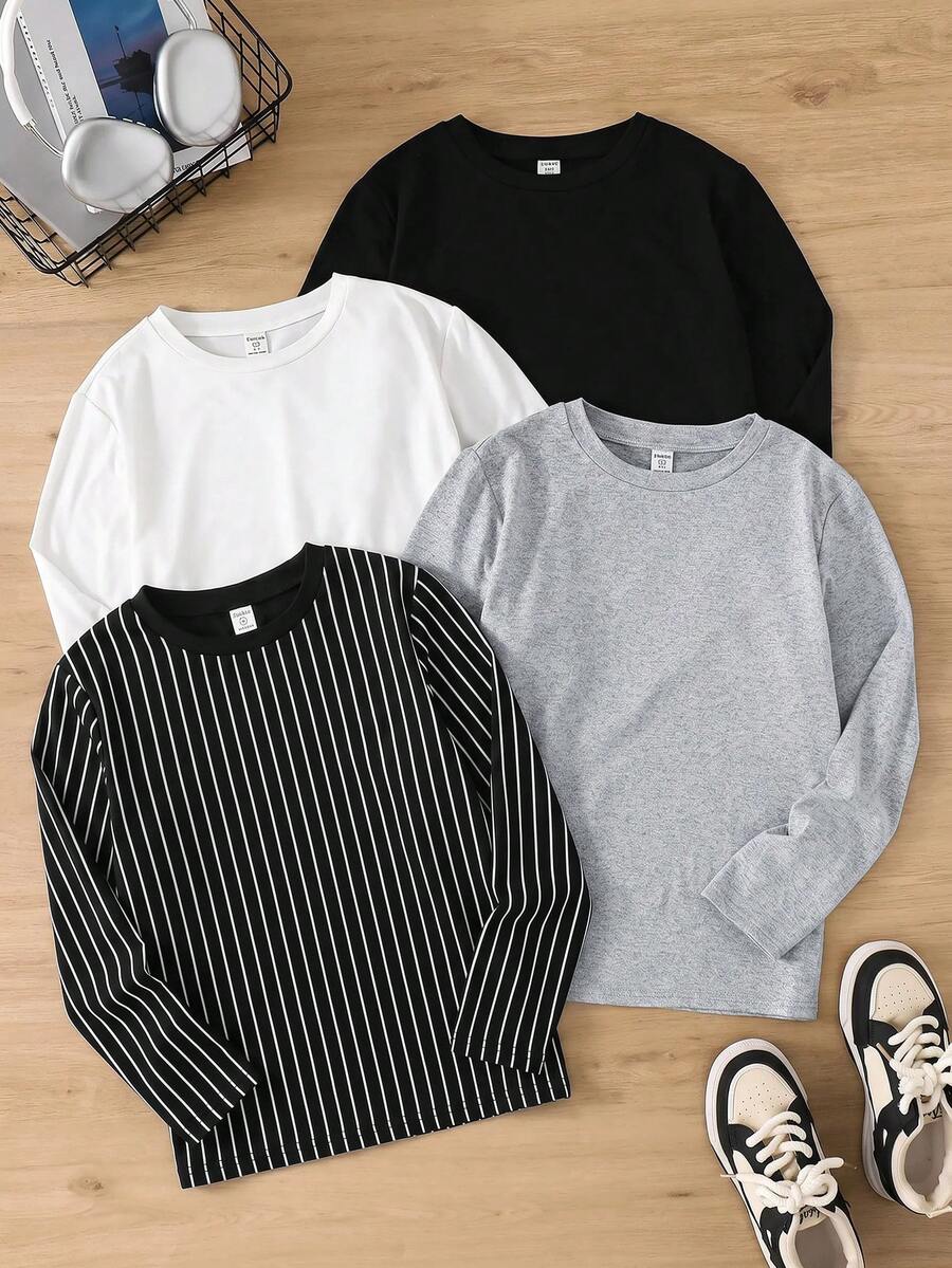 SHEIN 兒童青少年男孩圓領休閒百搭日常穿著T恤 開學季校園風 黑白淺灰色 秋季款 - 黑與白 - 查看 1