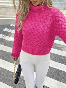 Women's Solid Color Wide Sleeve High Neck Loose Short Casual Sweater - Hot Pink - View 6