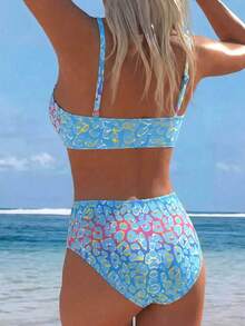 Swim Lushoire Women's Summer Vacation Beach Sexy Colorful Gradient Leopard Print Detachable Spaghetti Strap Bandeau High Waist Bikini Set - Multicolor - View 4