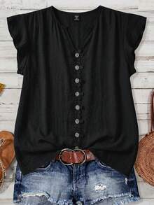 Reflora Blusa suelta de manga corta con textura, patchwork, volantes y encaje para mujer de talla grande, primavera/verano - Negro - Ver 1