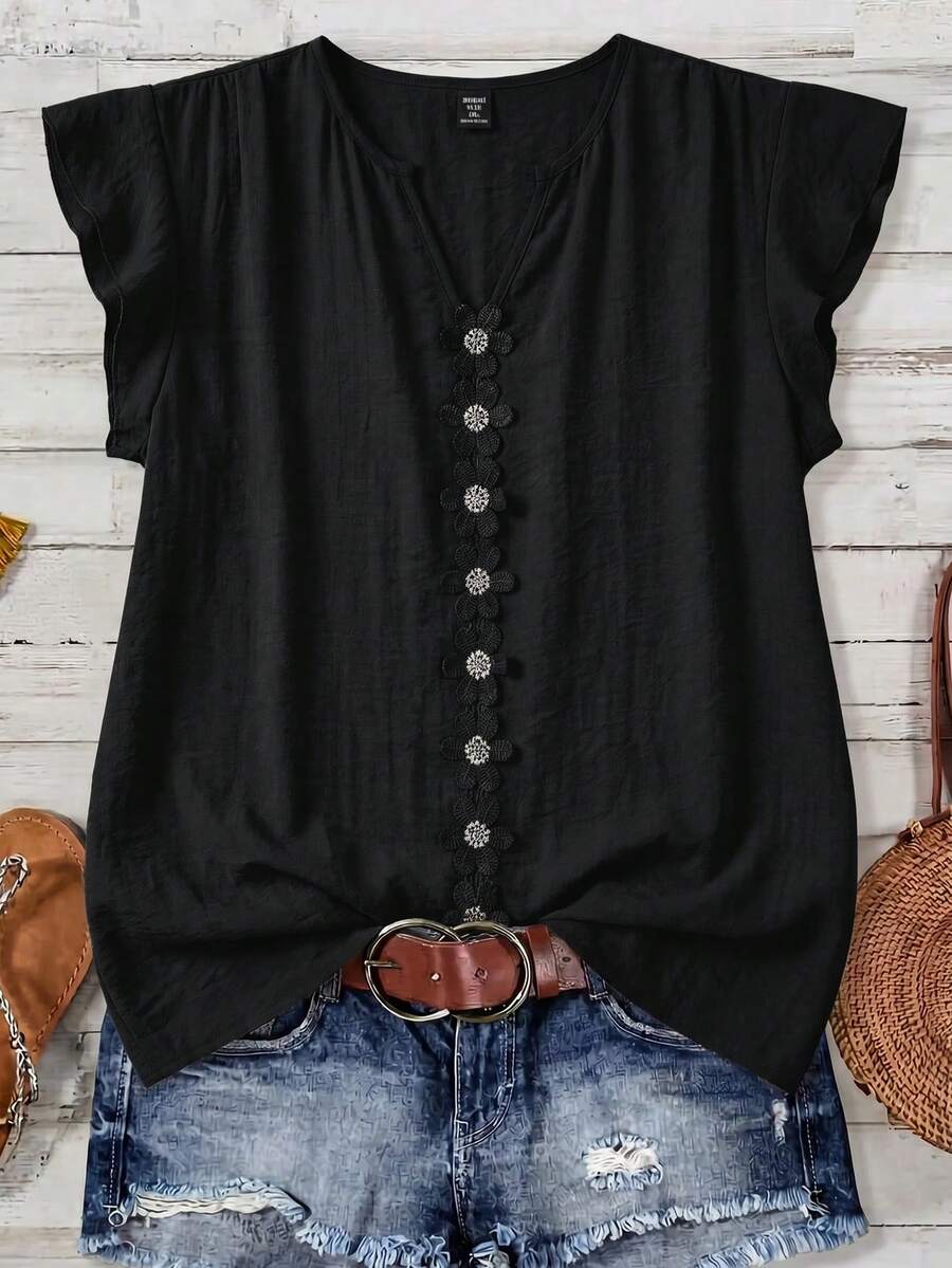 Reflora Blusa suelta de manga corta con textura, patchwork, volantes y encaje para mujer de talla grande, primavera/verano - Negro - Ver 1