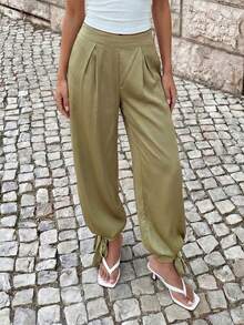 Avantive Women's Fashionable Versatile Solid Color Drawstring Ankle Pants City Break Olive Green Autumn Casual - Green - View 1