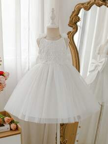 Glamorique Kids 女童花朵肩帶露背網紗公主裙，花童生日派對禮服，嬰兒女寶寶蕾絲秋季洋裝 - 白色 - 查看 5