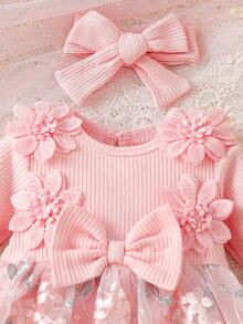 SHEIN Conjunto de 2 piezas para bebé niña, vestido acanalado dulce con bordado, lazo y empalme de malla - Rosa - Ver 6