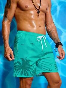 Manfinity KASUA Men's Vacation Drawstring Waist Palm Tree Print Beach Shorts - Mint Blue - View 3