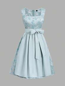 Fairmaia German Traditional Women's Lace Patchwork Waist Tie Casual Party Dress Charming Light Blue Dirndl Dress With Long Sleeves And Waist Tie For Women - Blue - View 5