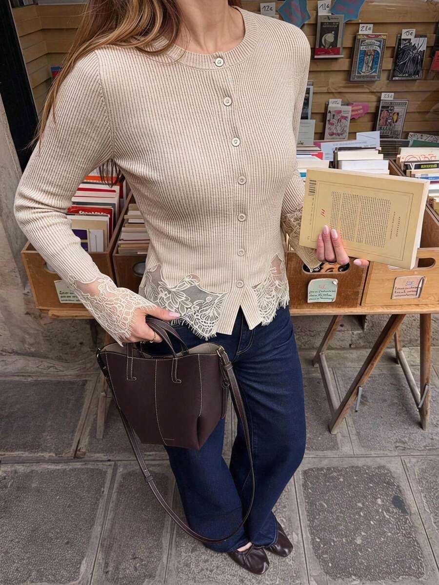 Siren Gaze 女款圓領長袖開襟針織外套,淺米色蕾絲下擺羅紋刷毛保暖T恤,早午餐休閒風 - 杏色 - 查看 1
