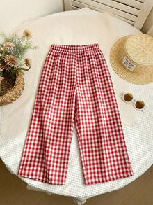 SHEIN Young Girl LMoss Young Girl Woven Plaid Loose Casual Pants - Red - View 2