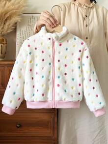 Elladie kids 1件少女甜美可愛波點毛絨拉鍊外套 厚款外套 適合日常休閒外出 春秋冬三季 - 白色 - 查看 5