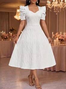 SHEIN Lady Vestido elegante de mujer con escote corazón texturizado y mangas cortas abullonadas - Blanco - Ver 1