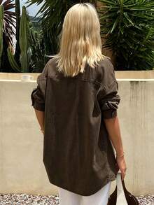 Livesso Summer Autumn Collared Long Sleeve Button Loose Dark Brown Cotton Denim Shirt For Women - Coffee Brown - View 2