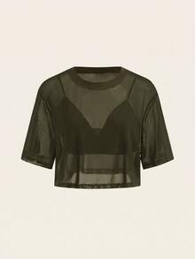 SHEIN BASICS 2件組休閒純色短版細肩帶背心與圓領寬鬆短袖透視網紗夏季上衣 - 軍綠色 - 查看 1