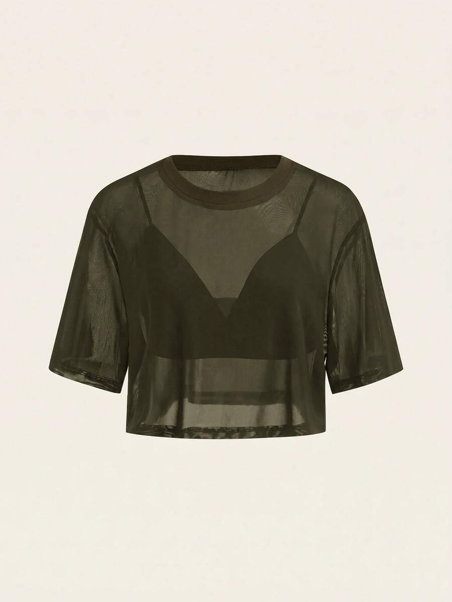 SHEIN BASICS 2件組休閒純色短版細肩帶背心與圓領寬鬆短袖透視網紗夏季上衣 - 軍綠色 - 查看 1