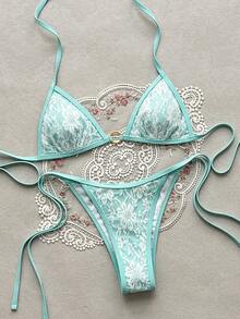 Swim Basics Conjunto de bikini con sujetador halter triangular de encaje floral y braga de lazo lateral para el verano - Azul menta - Ver 1