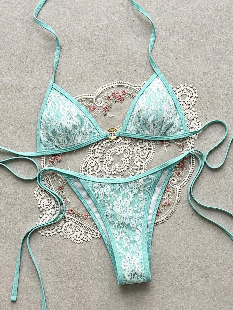 Swim Basics Conjunto de bikini con sujetador halter triangular de encaje floral y braga de lazo lateral para el verano - Azul menta - Ver 1