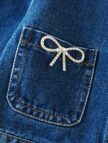 Girls' Autumn/Spring Denim 2-Piece Set, Baby Blue Washed Denim Jacket With Pockets, Rhinestone Bow, High-Waist A-Line Skirt, Pleated Design, School - Blue - View 8