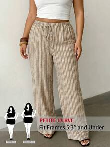 SHEIN PETITE CURVE 大尺碼女款條紋寬腿鬆身長褲，附腰部綁帶 - 棕色 - 查看 2