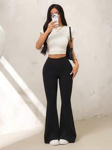 SHEIN PETITE 女款素色高腰休閒百搭日常喇叭褲 - 黑色 - 查看 4