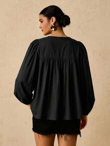 Travachic Plus Size Women's Long Sleeve Round Neck Tie Front Solid Black Bohemian Style Elegant Blouse, Lantern Sleeve Outing Top, Beach Office Vacation Fall - Black - View 3