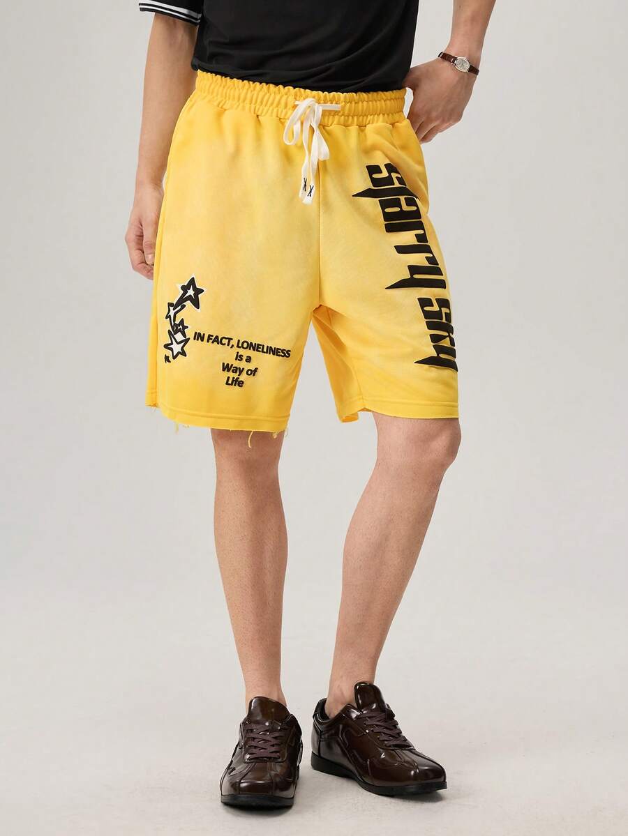 Manfinity Streetrush Men's Yellow,Summer,Streetwear,City Break Knit Shorts,Graphic Letter&Star Pattern,Elastic Waist Drawstring Pocket,2000s Emo Style - Yellow - View 1