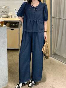 Dazy Plus Dark Washed Blue Puff Sleeve Loose Top & Casual Long Denim Pants Plus Size Women's Vacation Style Denim Set, Spring/Summer - Dark Wash - View 5