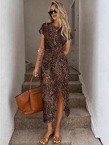 SHEIN LUNE Knitted Leopard Print Elegant Sexy Daily Wear Waist Twist High Slit Sleeveless Midi Dress For Women Going Out Brown Summer - Multicolor - View 5