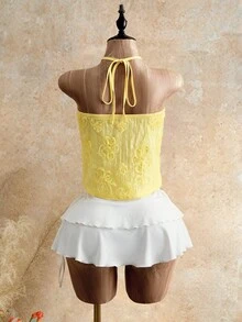 Allurite Women's Summer Beach Vacation Style Jacquard Knotted Halter Top - Light Yellow - View 2