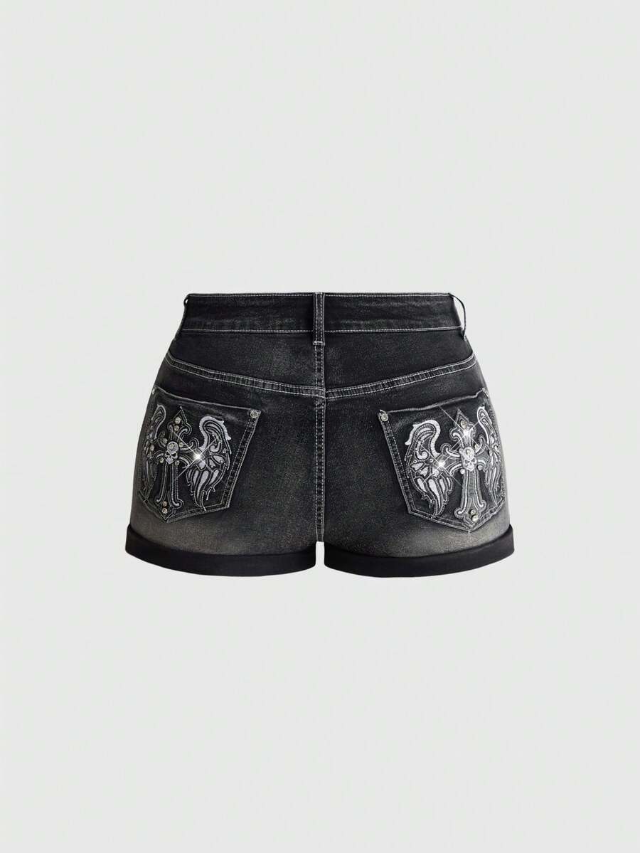 ROMWE Grunge Punk Y2K辣妹復古十字架與翅膀刺繡水鑽大尺碼牛仔短褲 - 藍色 - 查看 1