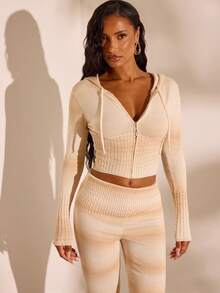 Opulessa Women's Long Sleeve Zipper Front Drawstring Hooded Knit Cardigan - Apricot - View 4