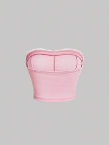SHEIN MOD Nơ mặt trước Ống Màu hồng Ren Vá lại Cúp Mùa vụ Áo nịt ngực Kết cấu Áo - Màu Hồng baby - Xem 3