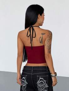 StreetHx Women's Spring/Summer Burgundy Spaghetti Strap Rhinestone Lace Patchwork Camisole Top, Casual Sexy Versatile Night Out Club Going Out Black - Burgundy - View 2